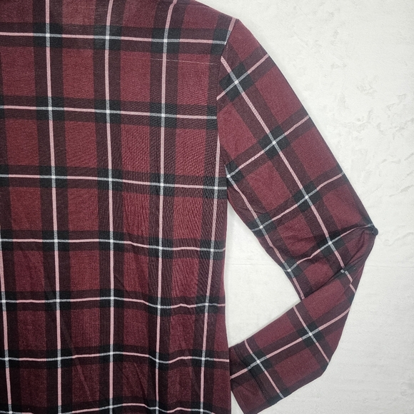 Womens Large Long Sleeve Pockets Button Front Plaid Burgundy Black - Picture 9 of 16